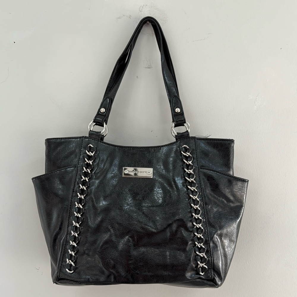 Gently Used- Franco Sarto Black Vinyl Silver Hardware Purse